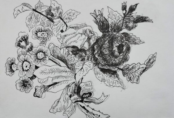 Natura morta con bouquet di rose e primule - collezione privata, A.A. 2018